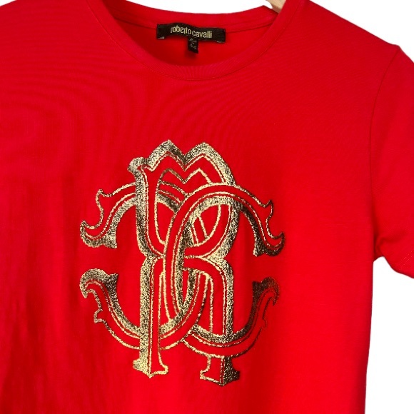 Roberto Cavalli Red Glitter Gold Logo Tee Size M - Picture 3 of 14